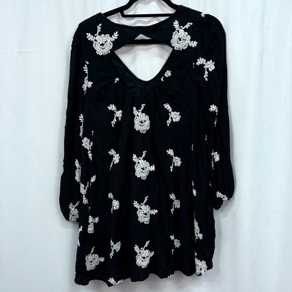 Free People Austin Emma Black Mini Dress White Floral Embroidery Boho Small - Picture 4 of 7
